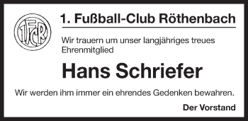 Traueranzeige von Hans Schriefer von Pegnitz-Zeitung